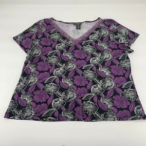 Biyaycda Womens Shirt Top Floral Purple V-Neck Short Sleeve Sz 1X